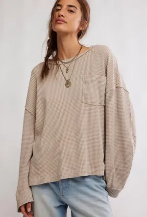 Free People We the Free Waffle-Knit Pocket Pullover Top - Beige thumbnail 1