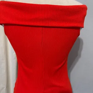 A New Day Womens Medium Top Red Ribbed‎ Off The Shoulder Bardot Knit Stretch thumbnail 5