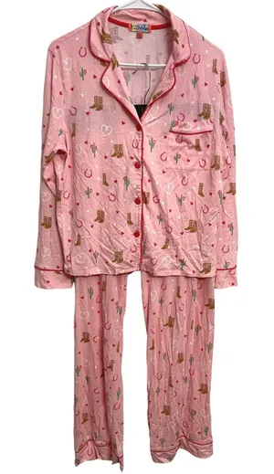 PJ Salvage Long Sleeve Pajama Set M Pink Western Cowboy Horseshoe Cowgirl Cactus thumbnail 1