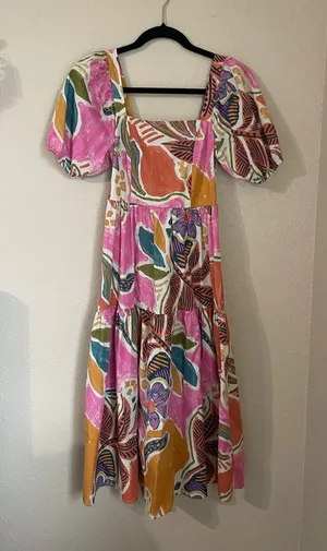 Vibrant Tropical Abstract Print Puff Sleeve Tiered Dress Square Neck Size XS thumbnail 1
