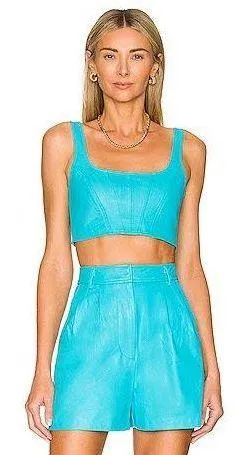 Amanda Uprichard Revolve Leather Pittito Crop Top And Jane Shorts In Marina thumbnail 1