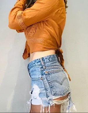 Essue Lace V Neck Crop Top Rust Bell Sleeves thumbnail 2