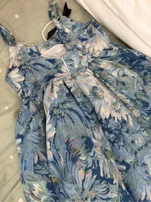 Girls Blue Floral Party Dress with Pearl Straps thumbnail 6