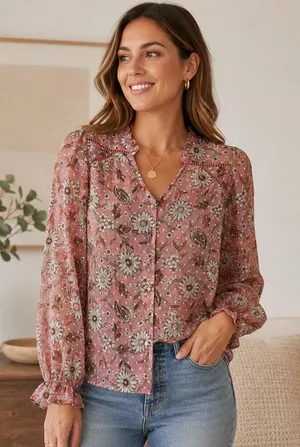 Studio B by Bobeau pink floral sheer blouse ruffle sleeves Medium thumbnail 1