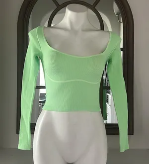 NEW Free People Meg Rib Long Sleeve Cropped Top in Lt Green Size M/L New w/o Tag thumbnail 2