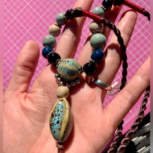 Tahari Elegant Beaded long y-drop Necklace with Blue and Brown Accents 36” thumbnail 1