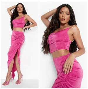 Boohoo Pink Textured Slinky Chain Strap Crop Top & Ruched Skirt Set Size 12 L thumbnail 2