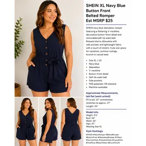 SHEIN XL Navy Blue Button Front Belted Romper Est MSRP $25 thumbnail 3