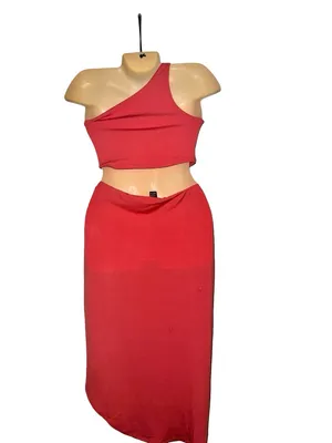 SheIn Women’s Coral One-Shoulder Midi Skirt Set thumbnail 4