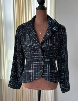 Y2K Tweed Blazer S Blue Plaid Floral Lapel Rosette Office Siren Whimsy Rom Com thumbnail 1
