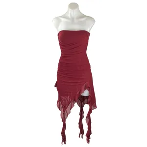NEW Selfie Leslie After Party Sangria Red Strapless Tube Ruffle Mini Dress Sz S thumbnail 2