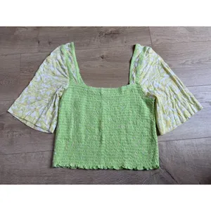 EUC Free‎ People Marigold Tee Top Womens in Key Lime Combo Smocked Crop size M thumbnail 2