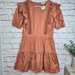 ​NWT English Factory Terracotta Lace Inset Puff Sleeve Tiered Boho Mini Dress L thumbnail 2