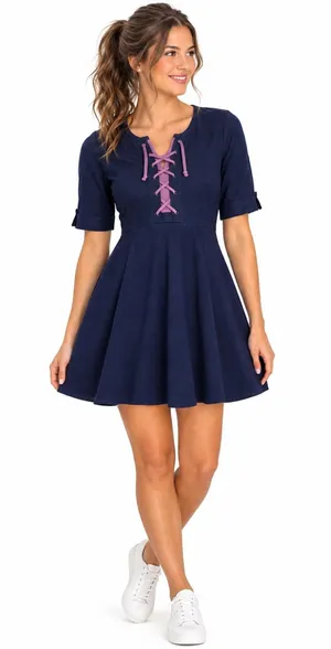 Maeve XSmall Mini Dress Navy Blue Lace Up Square Neck Pockets Skater Corset thumbnail 1