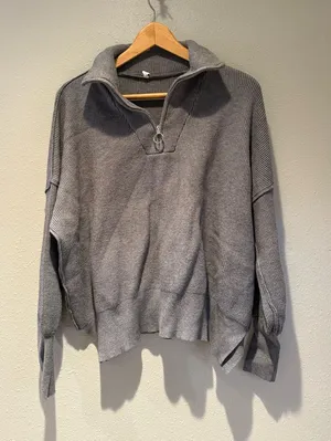 Gray Ribbed Knit Quarter Zip Sweater Mock Neck Pullover Size Medium thumbnail 1