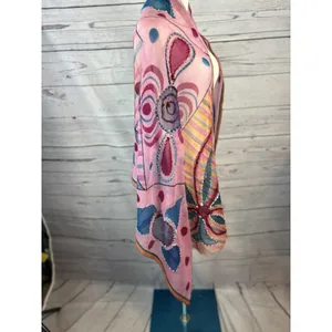 Boho Abstract Floral Scarf Pink Colorful Pattern Fringe Border Oversized Wrap thumbnail 4