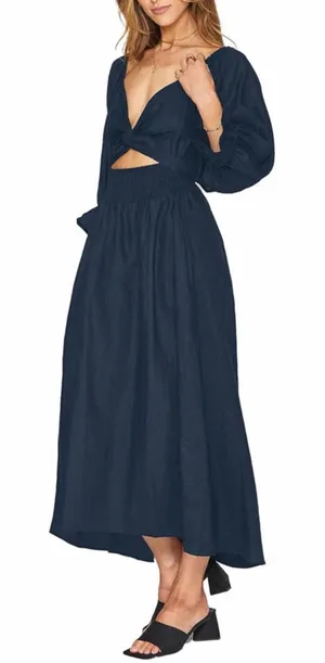 NEW Navy Blue Wrap Cut Out Tie Back Midi Dress L thumbnail 1