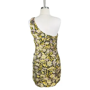 Zara Floral One Shoulder Ruched Mini Dress Size‎ M Yellow Purple Metallic NWT thumbnail 4