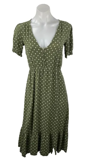 Zara Womens Green Polka Dot V Neck Puff Sleeve Button Midi Flare A-Line Dress XS thumbnail 1