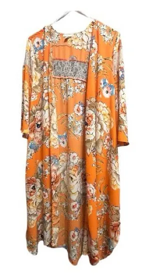 Floral Orange Women's Robe open kimono style large thumbnail 1
