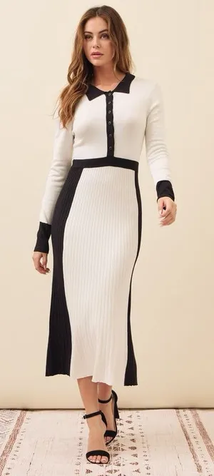Knit Colorblock Pleated Midi Dress Black Size L thumbnail 1