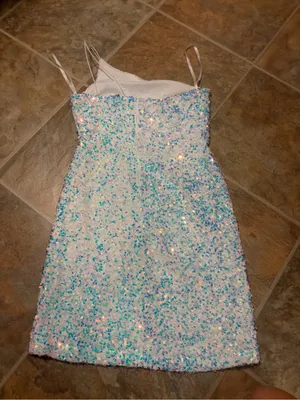 Windsor Sequin One-Shoulder Mini Dress in Iridescent White-Blue Med thumbnail 4