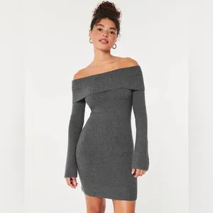 Hollister Sweater Dress Women Small Gray NWT‎ Off Shoulder Ribbed Knit Coquette thumbnail 3