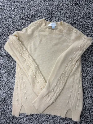 100% Cashmere Sweater Women Size S Cream Cable Knit Pom Pom Beaded Luxury thumbnail 3