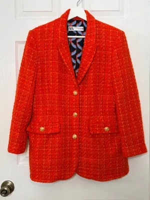 Zara Orange Bouclé Tweed Blazer Gold Button Preppy Quiet Luxury Old Money Size L thumbnail 2