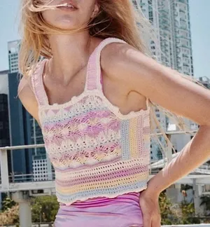 Zara Rare Sleeveless Crochet Knit Stretch Cropped Tank Top M Pink Multicolors thumbnail 1
