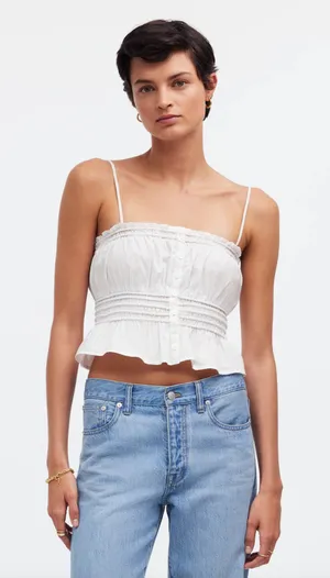 Madewell Smocked Button Front Top Poplin Cotton Eyelet White Stretch Medium NWT thumbnail 1