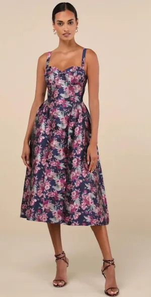 Lulus Attractive Essence Navy Floral Jacquard Midi Dress Pockets Size L NWT thumbnail 1