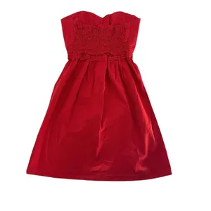 Judith March Strapless Dress Small Red Elephant Embroidery Boho Smocked Back‎ thumbnail 3
