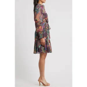 Vince Camuto Floral Paisley Long Sleeve Mini Dress Ruffle Neck Belted Colorful thumbnail 3