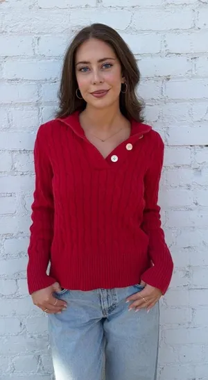 Vtg y2k Red cable knit sweater with button up collar #cableknit #preppy #90s #autumn thumbnail 1