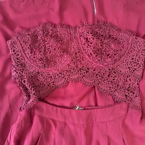 Papaya Burgundy Maroon Jumpsuit Lace Top Bare Midriff Open Back Wide Leg Sheer Overlay thumbnail 4