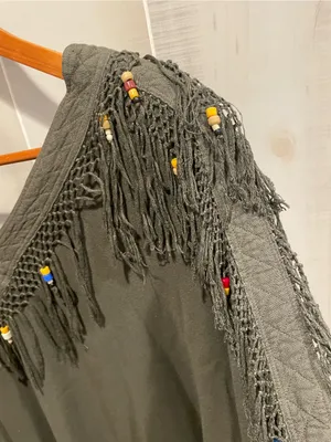 Cute vintage 80s olive beaded fringe oversized v tunic morocco boho festival thumbnail 3