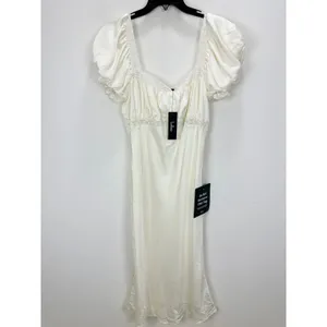 Lulus Catherine Ivory Satin Puff Sleeve Slip Midi Dress Romantic Cocktail L NWT thumbnail 6