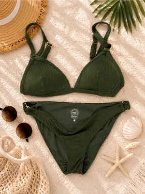 Hollister Ribbed Bikini Set Olive Green Large Top XL Bottom Like New thumbnail 2