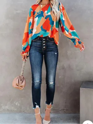 Vici Teal, Orange & Cream Abstract Balloon-Sleeve Blouse thumbnail 13