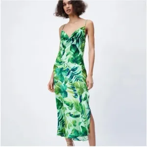 Zara Green Tropical Palm Leaf Satin Long Maxi Slip Dress Size XS thumbnail 13