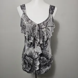 NY&CO Gray Floral Ruffle Tank Top Large Feminine Elegant Romantic Polished Work thumbnail 2