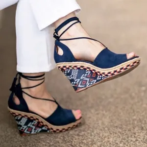Cabi 6001 Women's US 6 Medium Navy Isla Wedge Ikat Suede Ankle Tie Sandals thumbnail 1