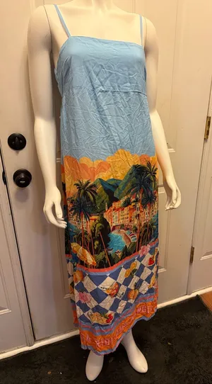 Paper Heart Light Blue Strappy Maxi Dress with Tropical Scenic Print thumbnail 1