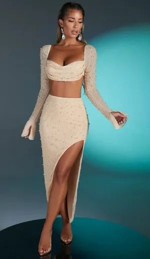 Oh Polly LA DÉSIRADE Cream Pearl Beaded Embellished Crop Top & Midi Skirt Set 2 thumbnail 1
