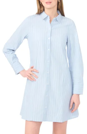 1.State Stripe Long Sleeve Cotton Button-Front Mini Shirtdress Blue Denim XS thumbnail 1