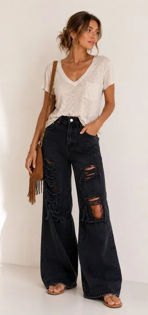 Pacsun Black Distressed Baggy Jeans Womens 25 Button Fly Casual Wide Leg Denim thumbnail 1