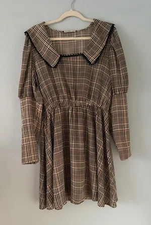 Plaid Mini Dress with Wide Sailor Collar - Brown Plaid thumbnail 1