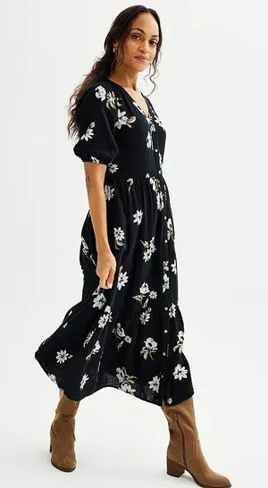 Soma XS Gaux Long maxi dress floral black button down Puff Sleeve 100% Cotton thumbnail 1