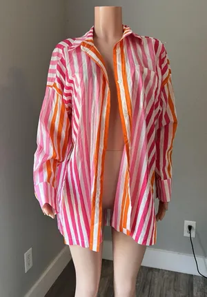 Beach Riot Womens Sz L/XL Top Pink Orange Stripe Swim Cover Up Button Up #148 thumbnail 6